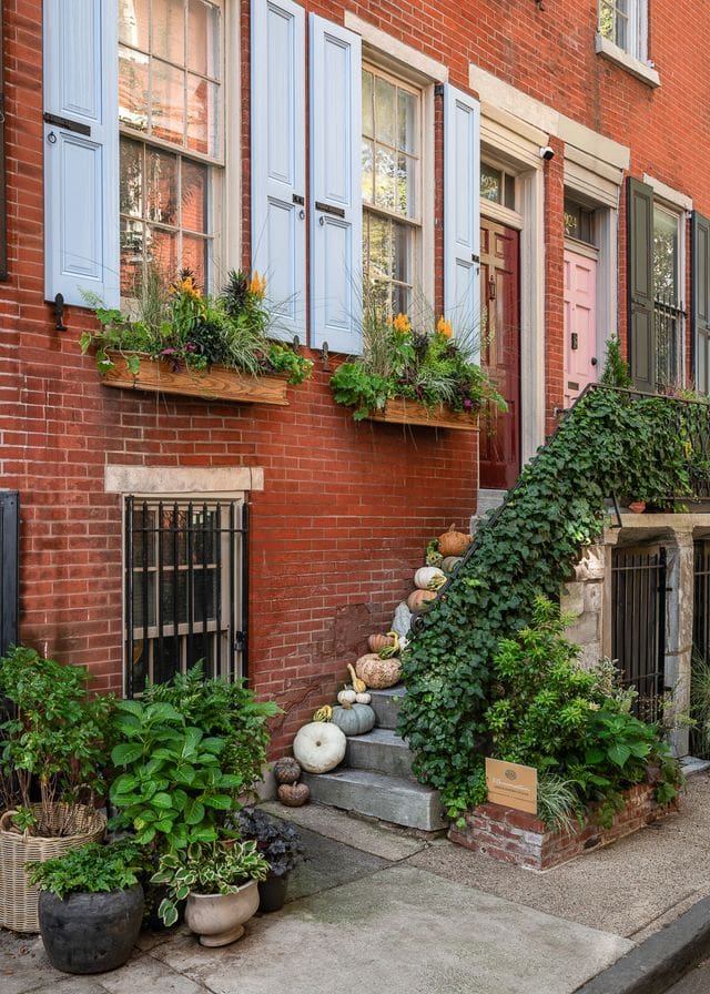 A row of colorful historic townhouses with pale blue shutters and natural wood window boxes brimming with textured greenery and amber blooms, styled by Hannah Levine. Pumpkins line the front steps, creating an elegant seasonal moment.