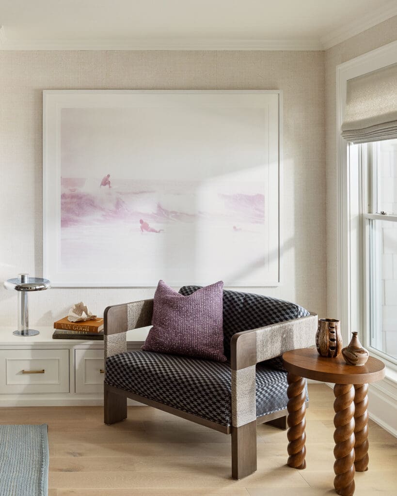 Editorial interior photograph of a coastal living space emphasizing texture and light